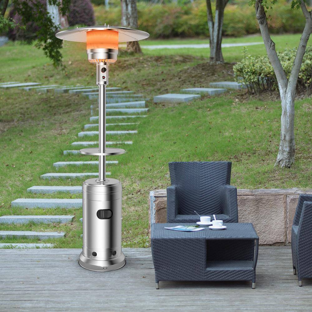 HONEY JOY 48000 BTU Outdoor Rolling Steel Silver Outdoor Propane Freestanding Patio Heater with Table Suitable