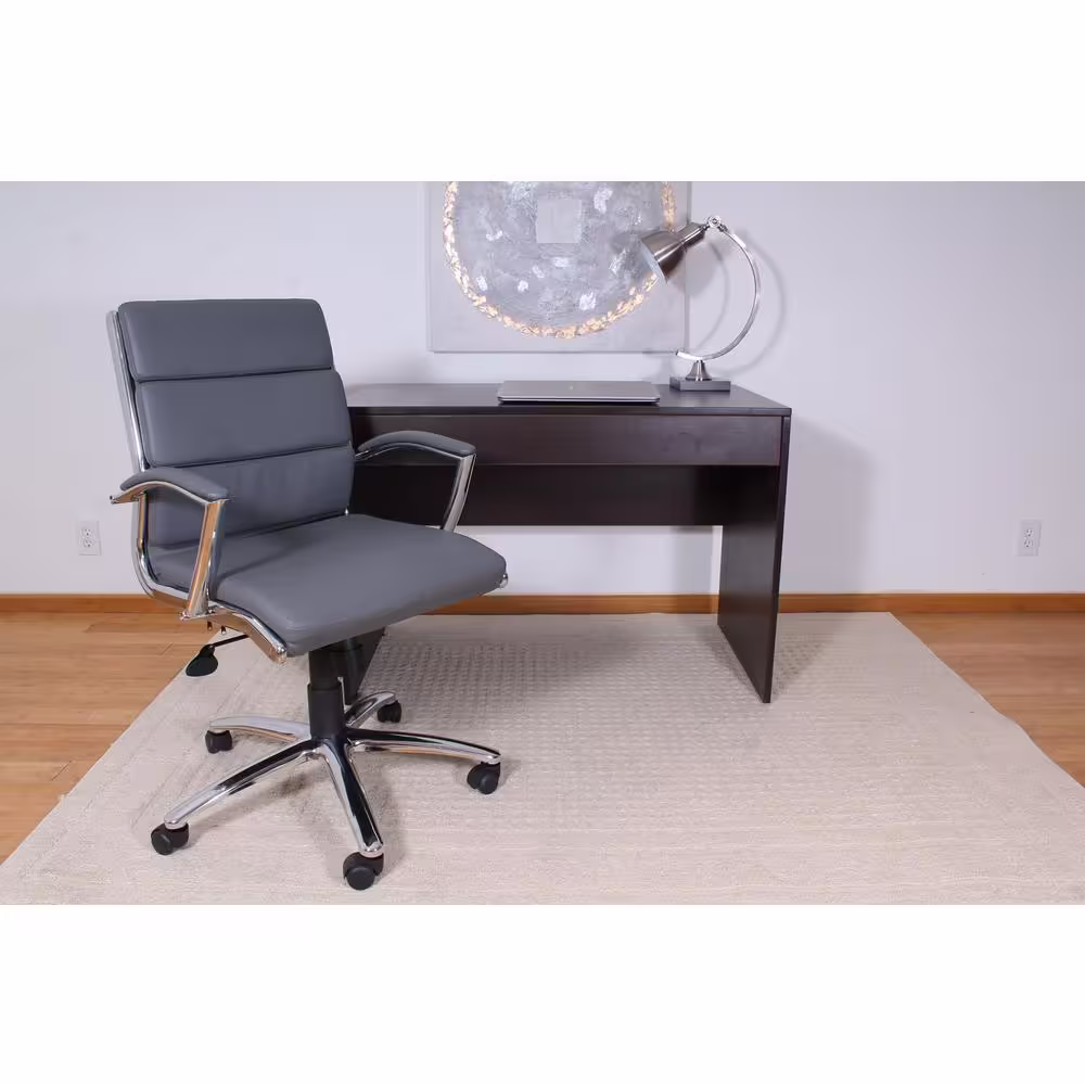 BOSS Office Products Gray Leather Mid-Back Executive Chair, Chrome Finish with Padded Arms