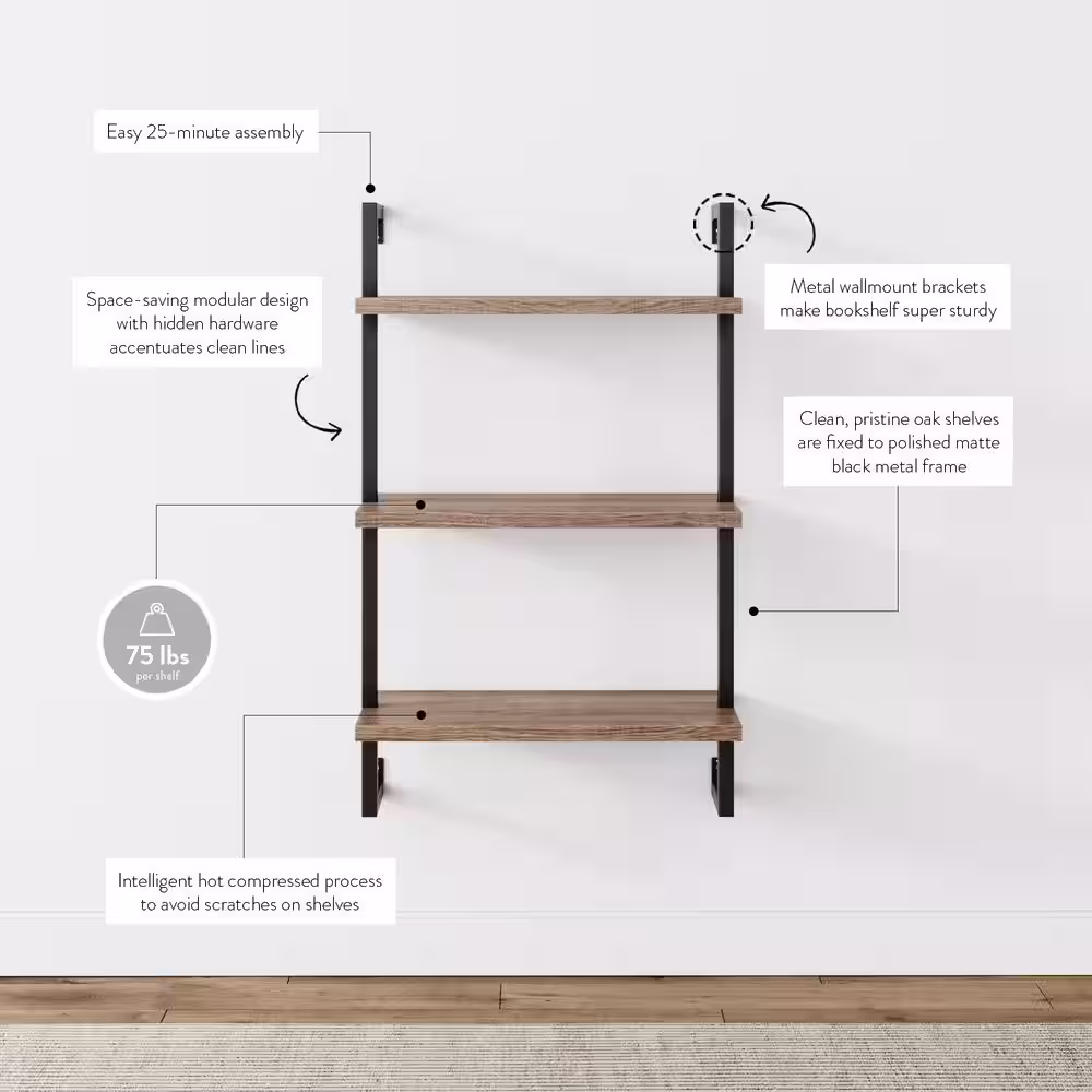 Nathan James Theo 39 in. Rustic Oak Wood Black Pipe 3-Shelf Floating Shelves Wall Mount Accent Bookcase with Metal Frame