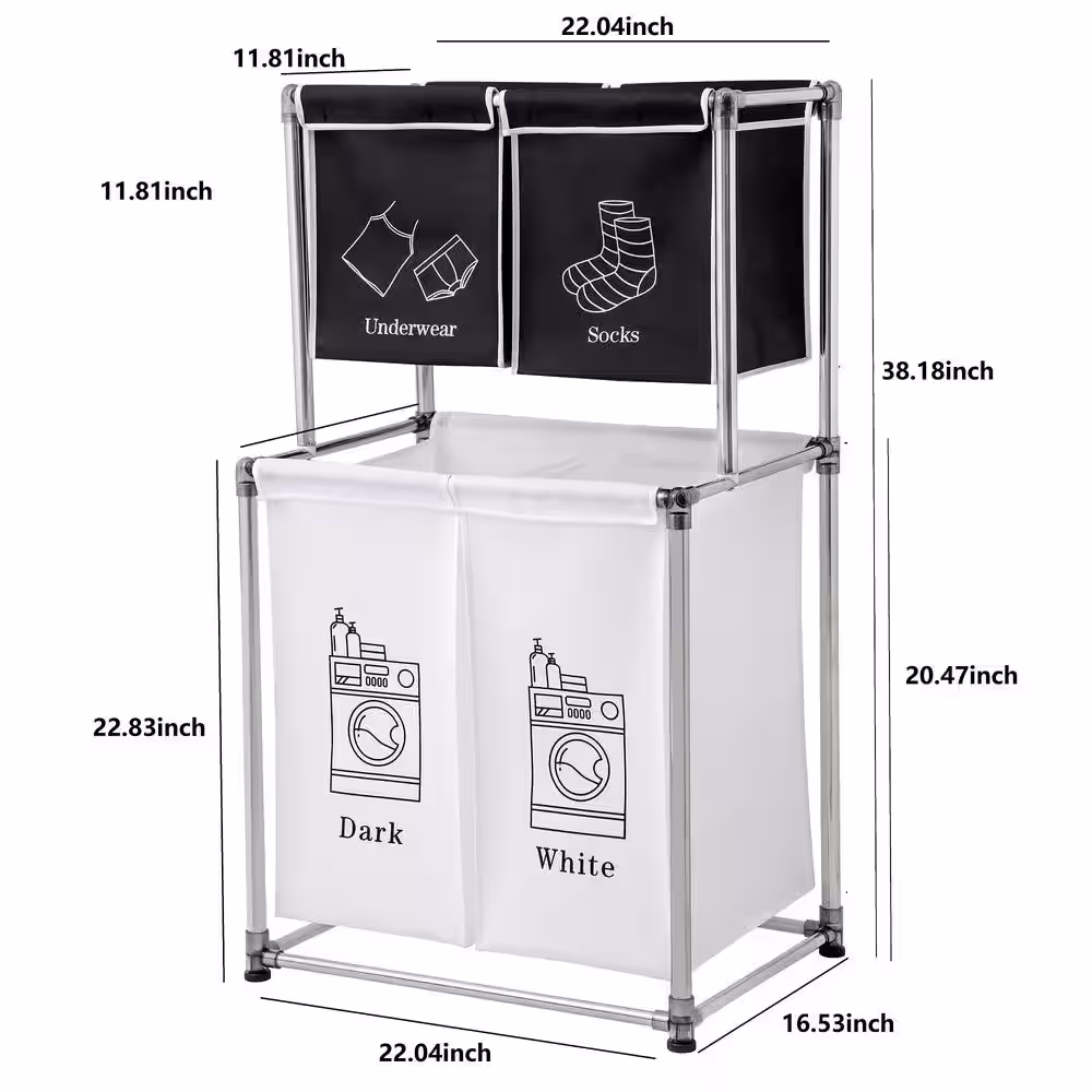 None 2-Tier White and Black Metal Laundry Hamper with 4 Removable Bags
