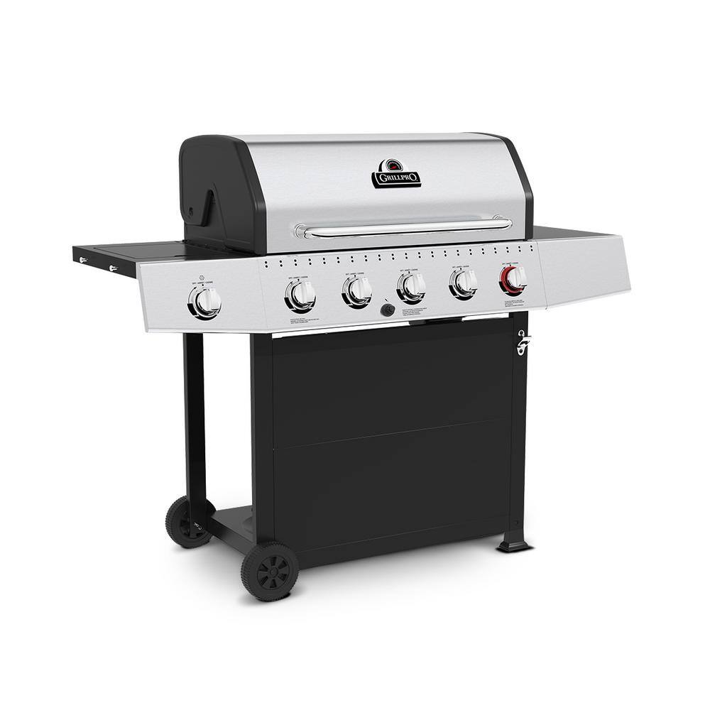 GrillPro 5-Burner Propane Gas Grill Cart in Stainless Steel and Black with Side Burner