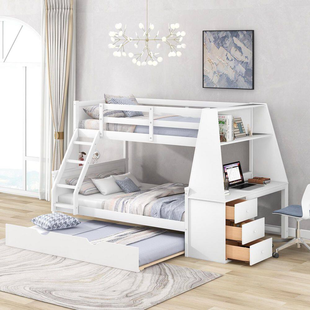 None White Wood Twin over Full Bunk Bed with Trundle and Built-in Desk, Three Storage Drawers and Shelf