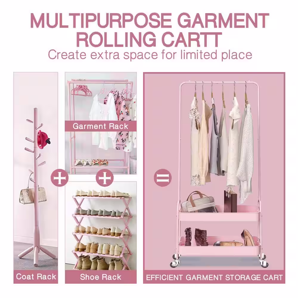 None Pink Metal Garment Clothes Rack 20.6 in. W x 60.2 in. H