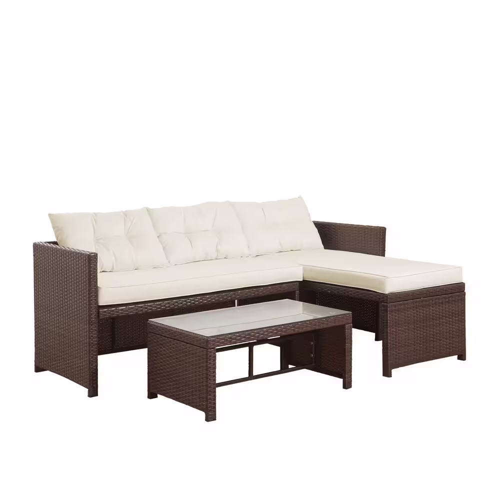 Teamson Home 3 Pieces Wicker Sectional Conversation Set with Cushions - Brown and White