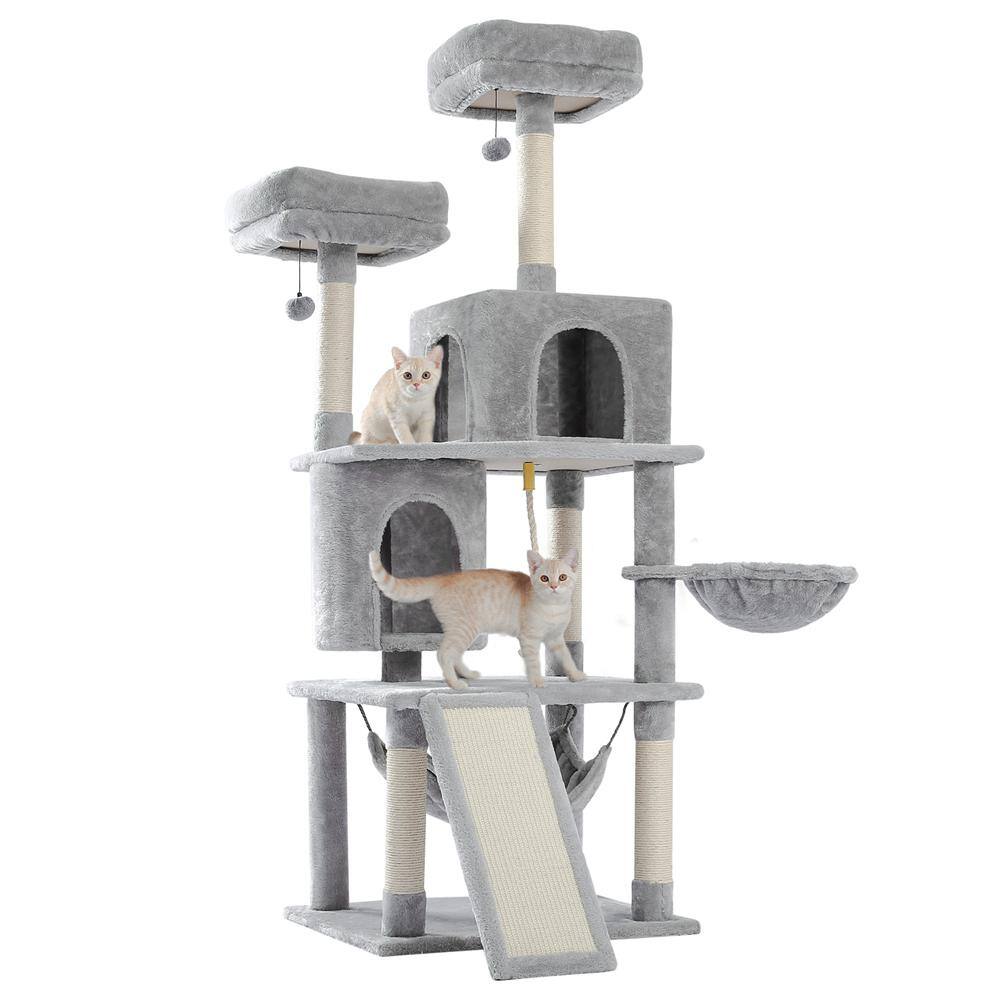 None Multi-Level Gray Pet Cats Scratching Posts and Trees with Ladder, Double Condos, Hammocks,Perches& Hanging Balls