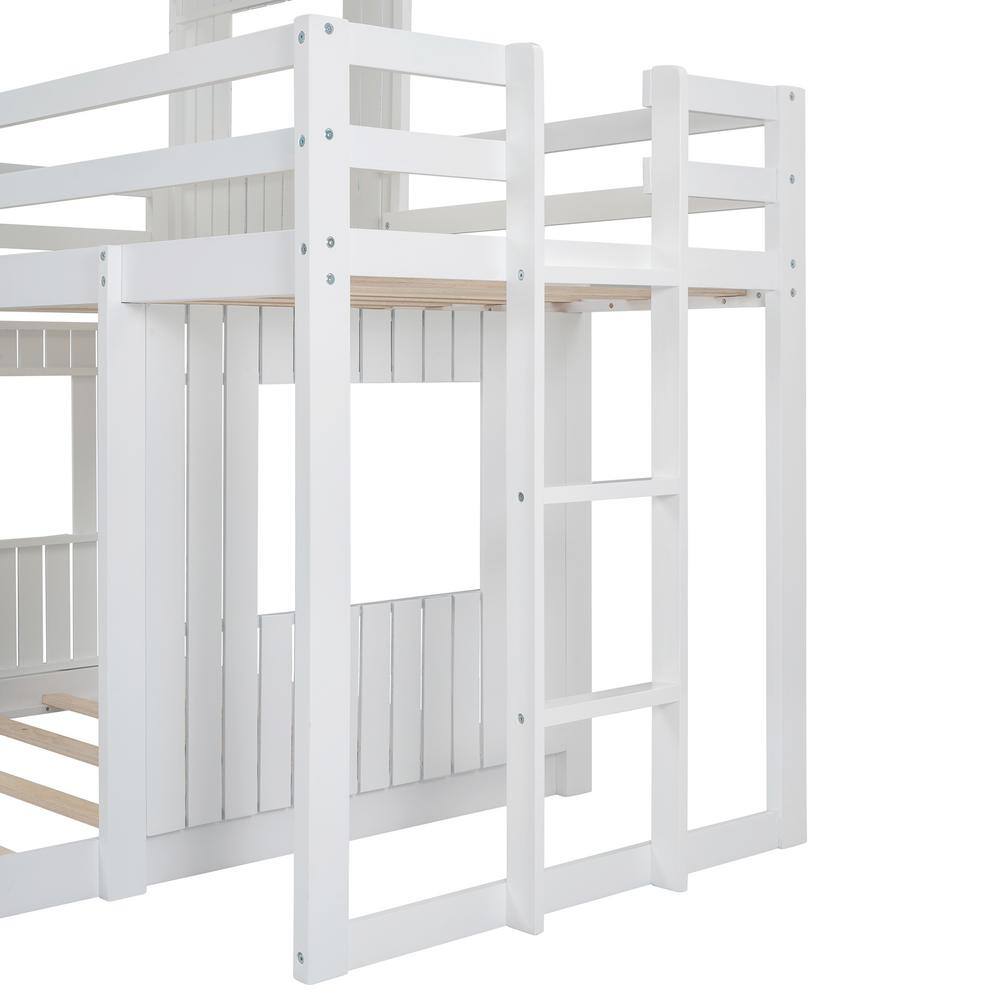 Harper & Bright Designs White Twin Over Full Wooden Playhouse Bunk Bed with Ladder and Guardrails