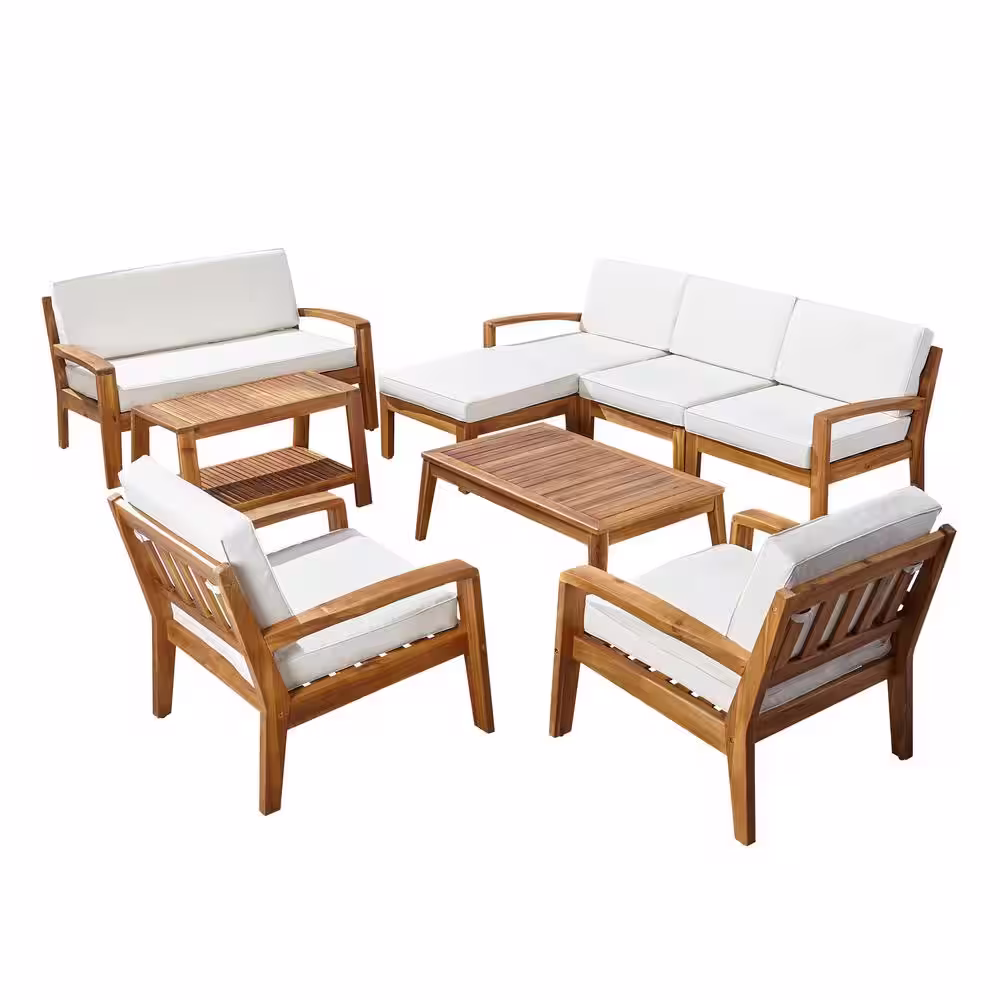 Noble House Grenada Teak Brown 9-Piece Wood Patio Conversation Sectional Seating Set with Beige Cushions