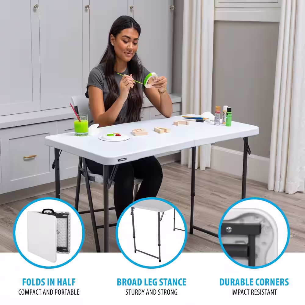 Lifetime 4 ft. One Hand Adjustable Height Fold-in-Half Resin Table; Almond