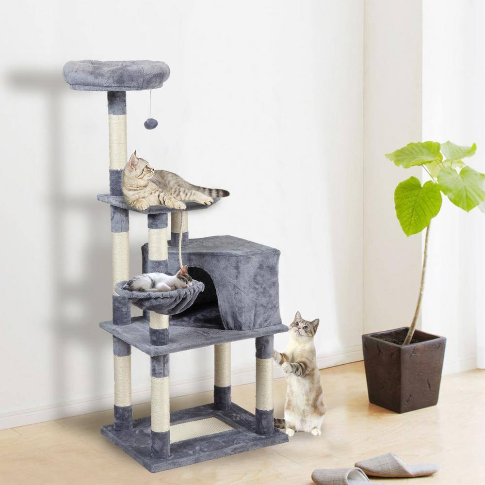 None 60 in. Multi-Level Cat Tree Tower with Play Tunnel in Light Gray