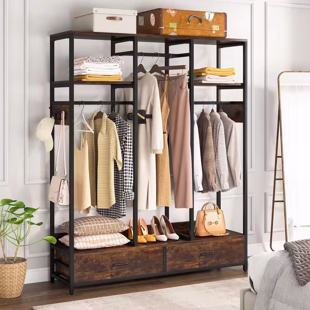 None Billie Dark Brown Closet Rack with 2-Drawers, 2-Shelves and 6 Hooks