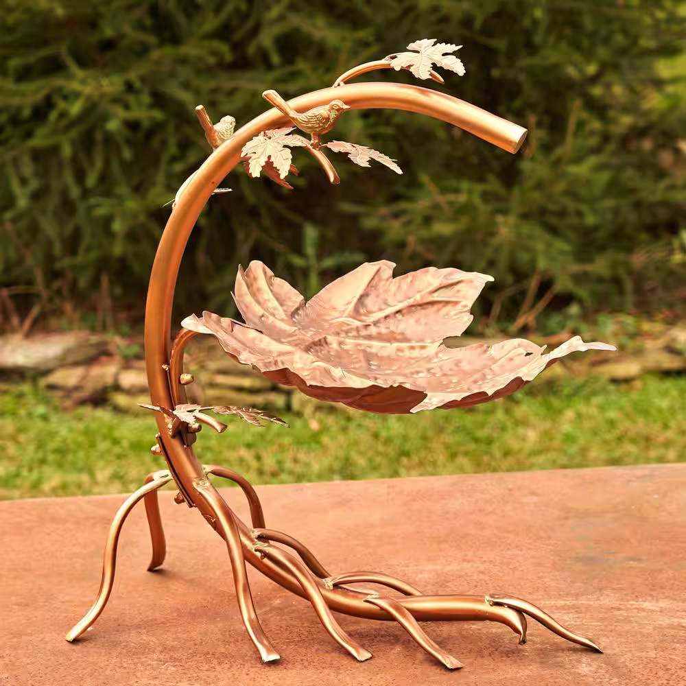 Zaer Ltd. International 29 in. Tall Maple Leaf Birdbath with Birds in Antique Copper