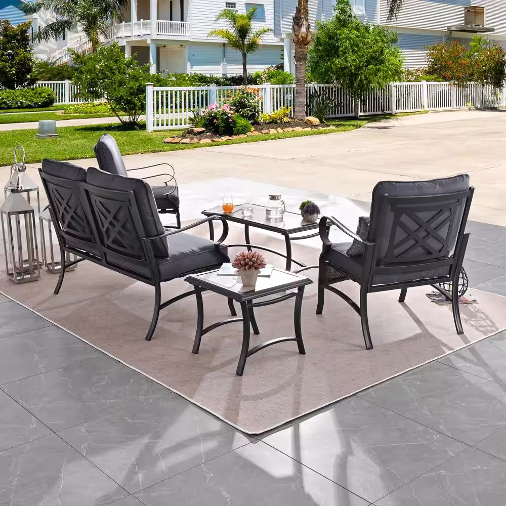 Patio Festival 5-Piece Metal Patio Conversation Set with Gray Cushions