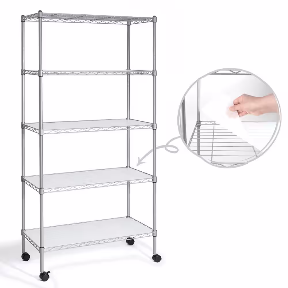 None Grey 5-Tier Adjustable Height Welded Garage Storage Shelving Unit with Liner/Wheels (30 in. W x 61 in. H x 14 in. D)