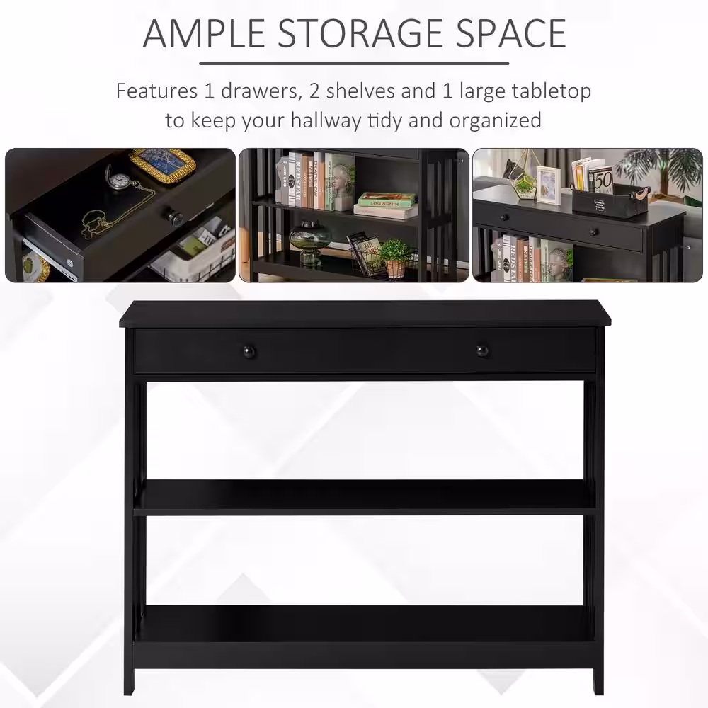 HOMCOM Modern 39.25 in. Black Rectangle Wood Console Table with Shelves