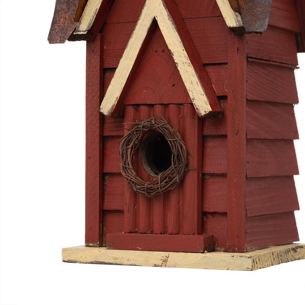 Glitzhome 12 in. H Wood Red Cottaage Solid Distressed Birdhouse