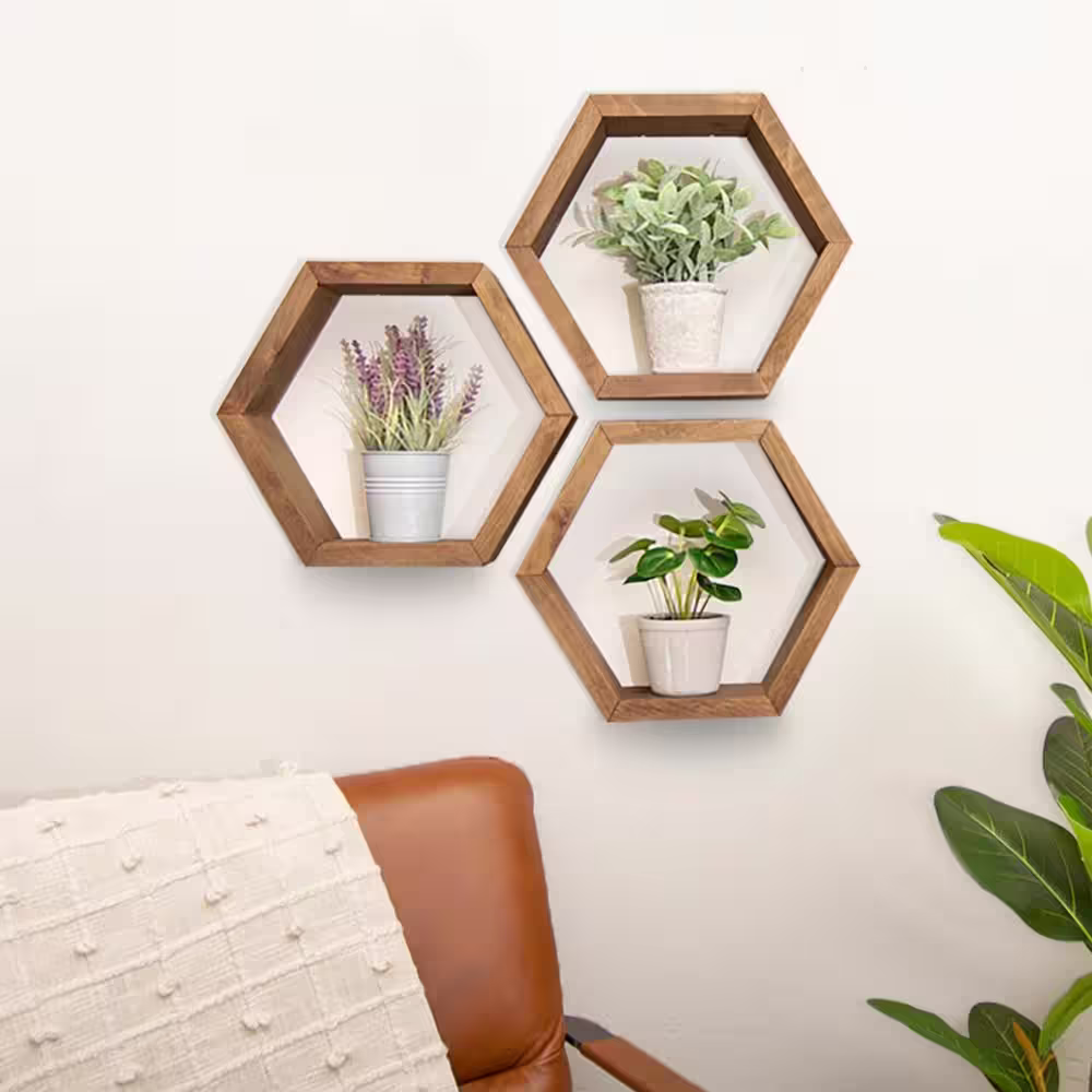 TRINITY Hexagon 4 in. x 11.75 in. x 10.13 in. Walnut Floating Wall Shelves 3-Pack