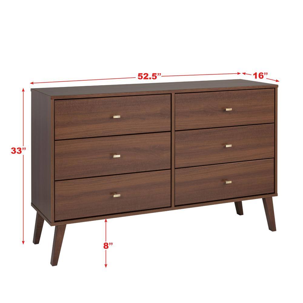 None Milo Mid Century Modern 6-Drawer Dresser 33 in. H x 52.25 in. W x 16 in. D