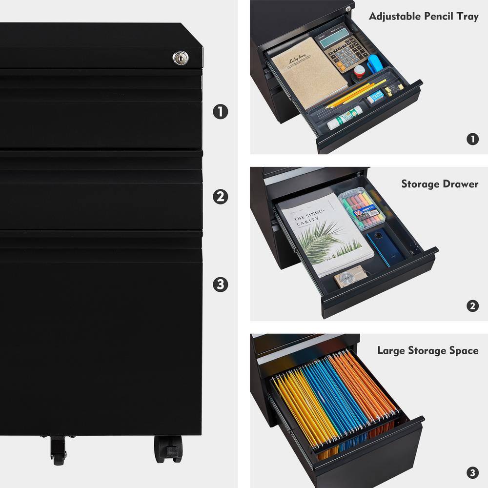Mlezan Black Mobile File Cabinet 14.6 in. W x 17.7 in. D Letter/Legal Metal 3-Drawer with Lock on Wheels