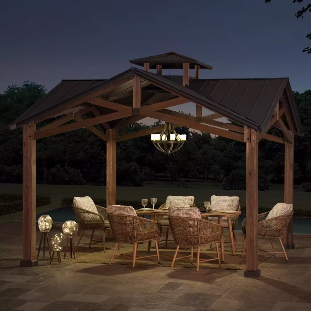 Sunjoy Bella 12.5 ft. x 12.5 ft. Cedar Framed Gazebo with Black Steel 2-Tier Hardtop Roof
