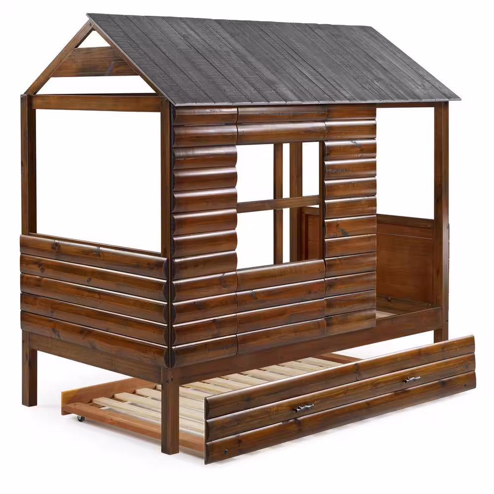 Donco Kids Log Cabin Rustic Walnut and Silver Twin Low Loft Bed with Twin Trundle Bed