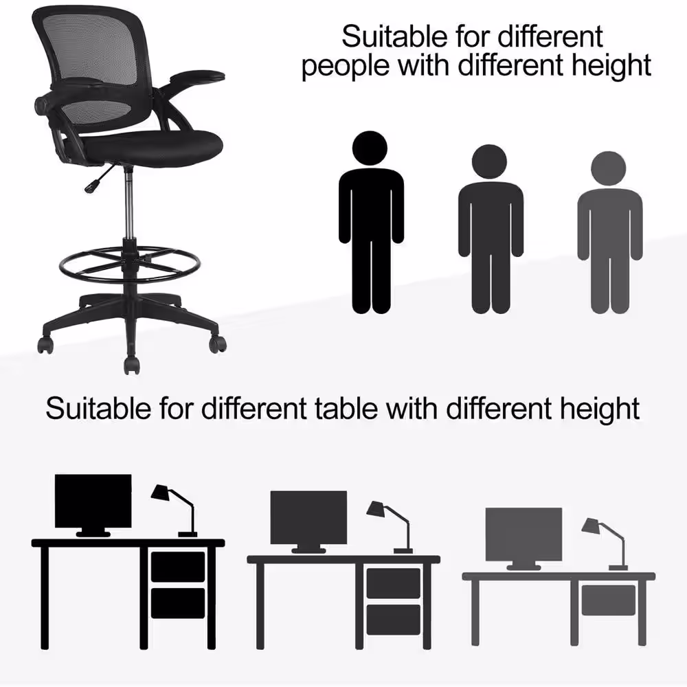Lucklife Black Mesh Drafting Chair Tall Office Chair with Flip-up Armrests