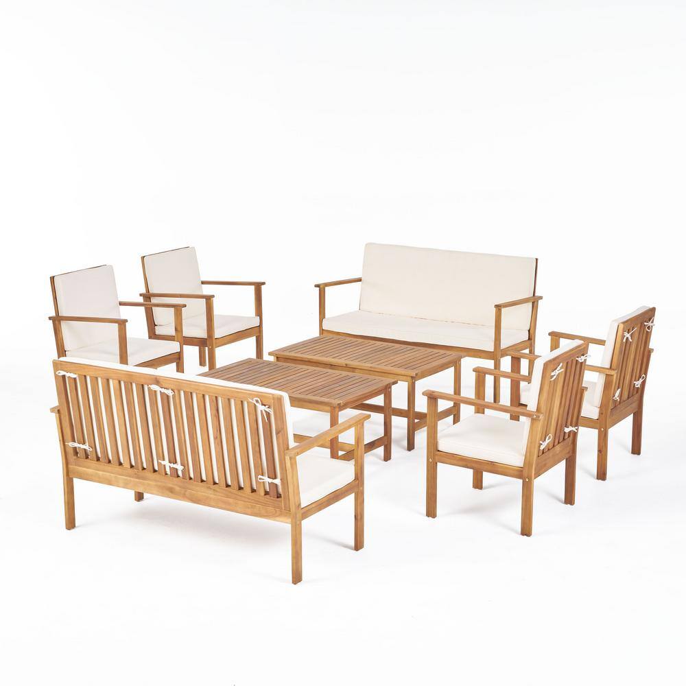 Noble House Luciano Brown Patina 8-Piece Wood Patio Conversation Seating Set with Cream Cushions