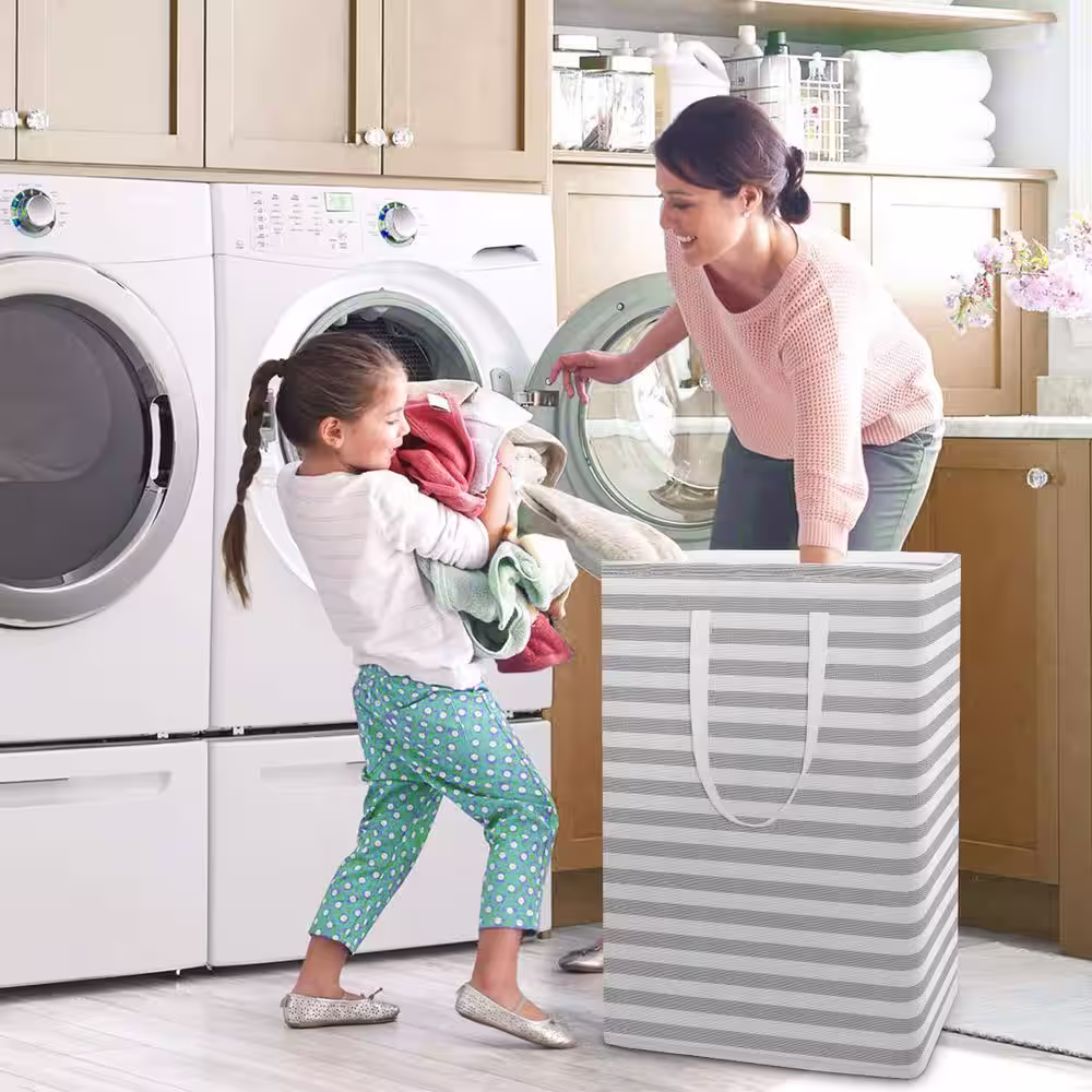 None 75 L Fabric Laundry Basket Hamper with Handles Gray (3-Pack)