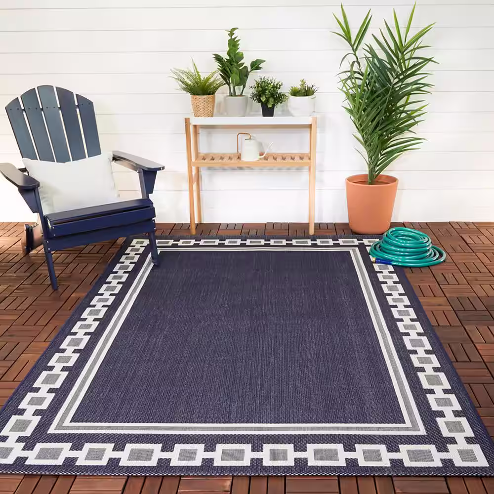 Hampton Bay Chain Border Navy 8 ft. x 10 ft. Indoor/Outdoor Patio Area Rug
