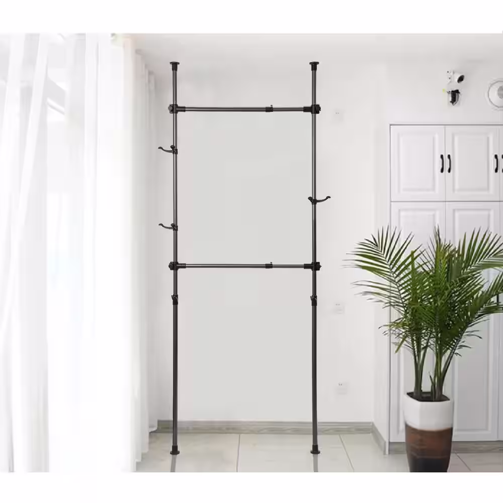 None Black Steel 2 Tier Adjustable Clothes Rack