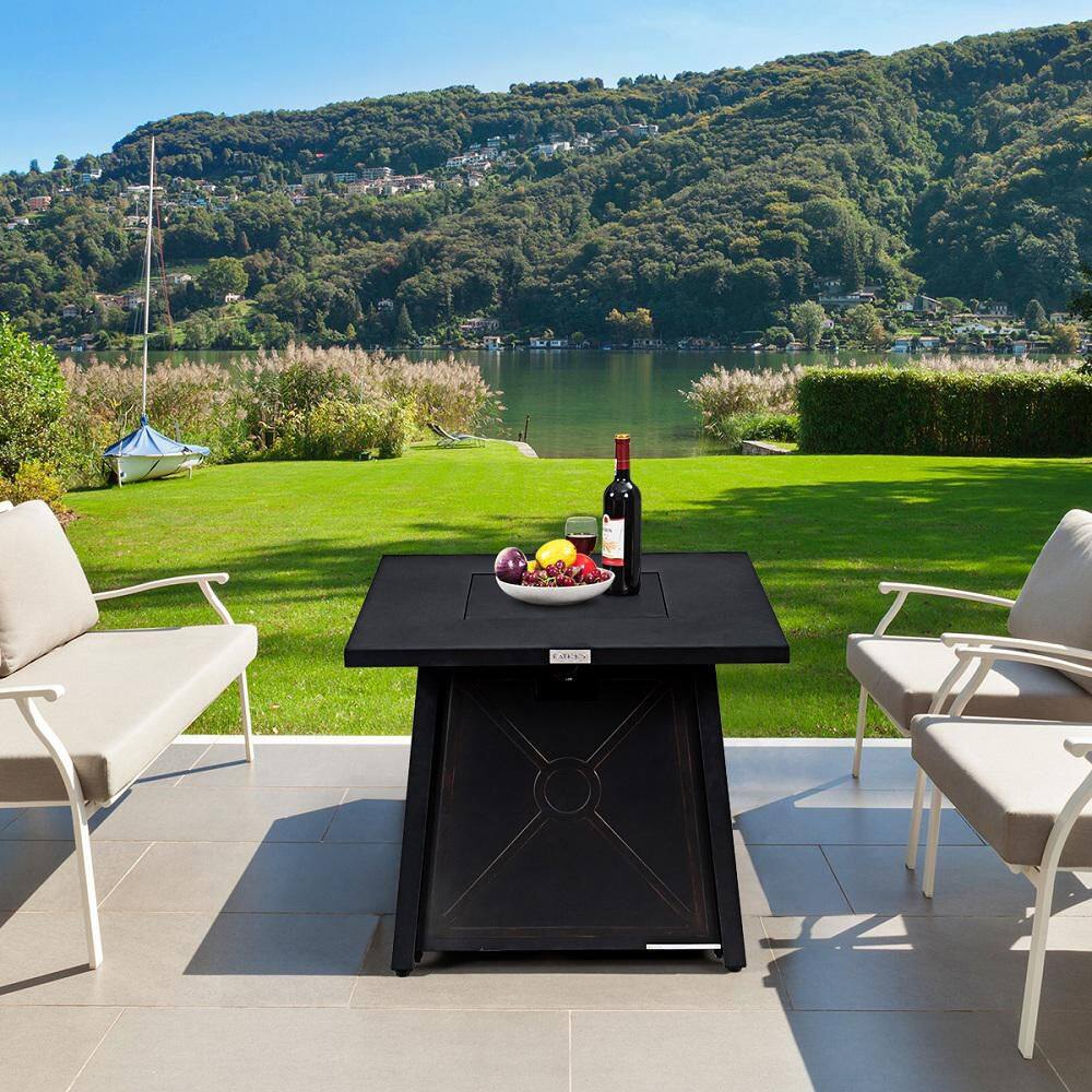HONEY JOY 50,000 BTU Square Propane Outdoor Fire Pit Table with Waterproof Cover Lava Rock