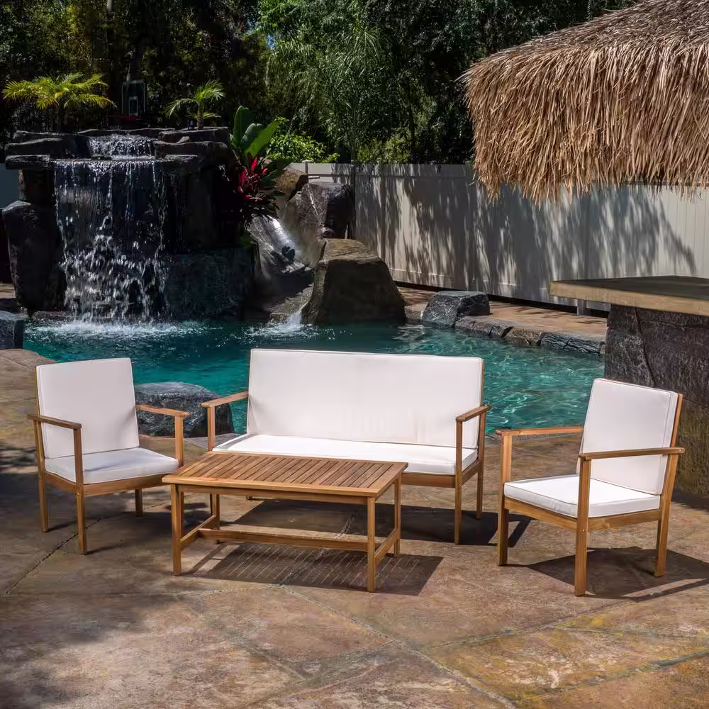 None Luciano Brown 4-Piece Wood Patio Conversation Set with Beige Cushions