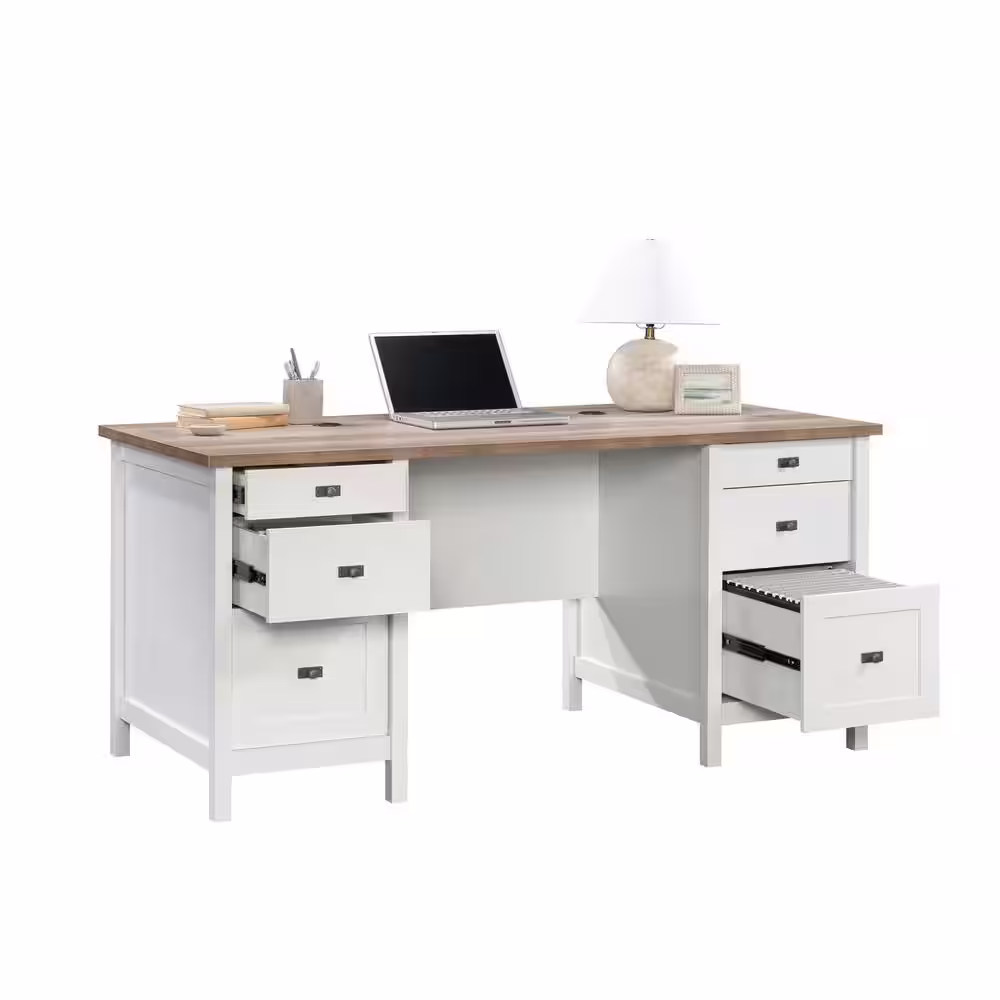 SAUDER Cottage Road 65.118 in. White 6-Drawer Executive Desk with File Storage and Cord Management