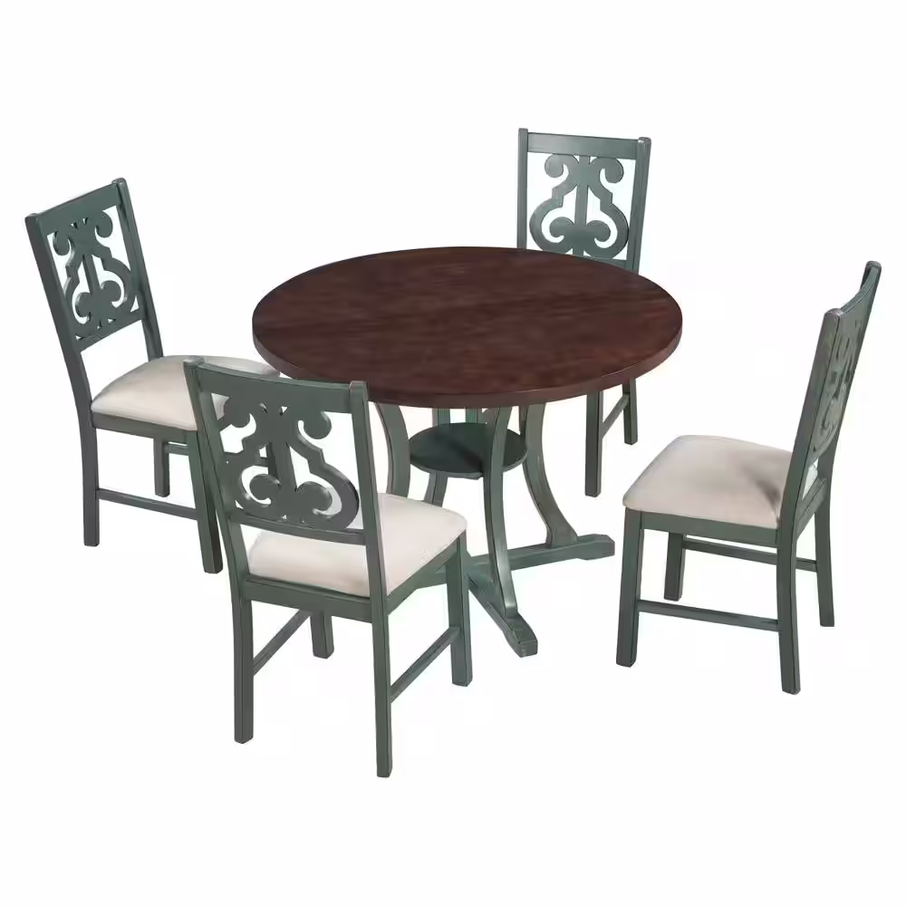 Harper & Bright Designs Exquisitely Designed 5-Piece Wood Top Greenish Antique Blue Dining Set with Special-shaped Legs and Hollow Chair Back