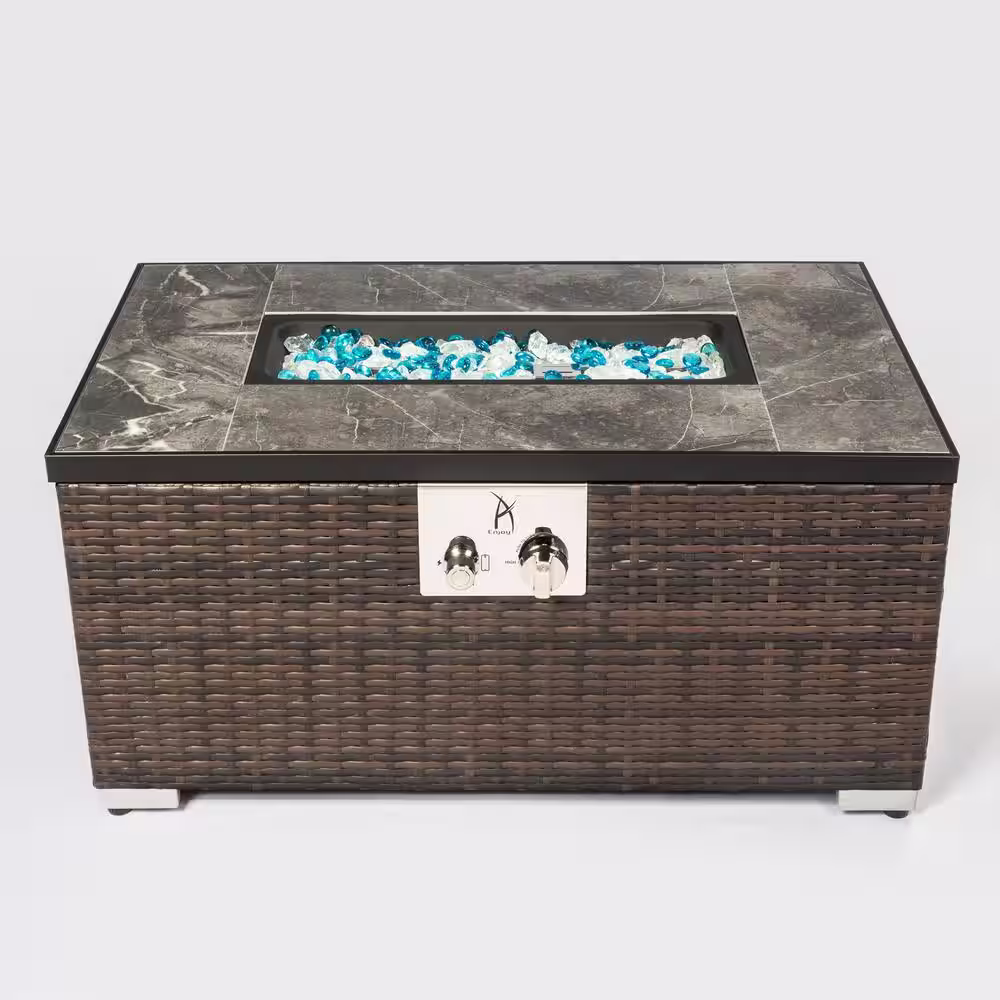 None 40,000BTU Outdoor Fire Table Gas Fire Pit Rattan Gas Fire Table, Gas Fire Table with Tile Tabletop