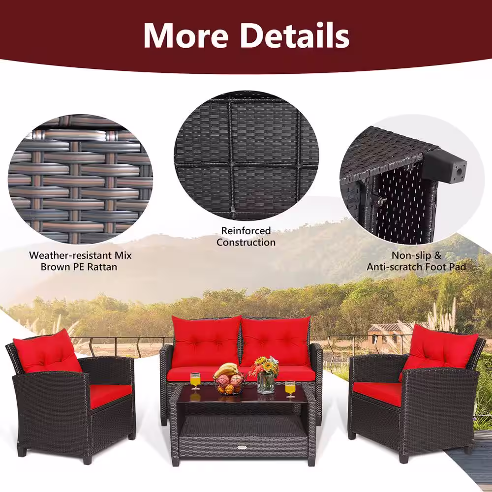 Costway 4 -Piece Patio Rattan Furniture Set Glass Table Shelf Sofa Cushion Red