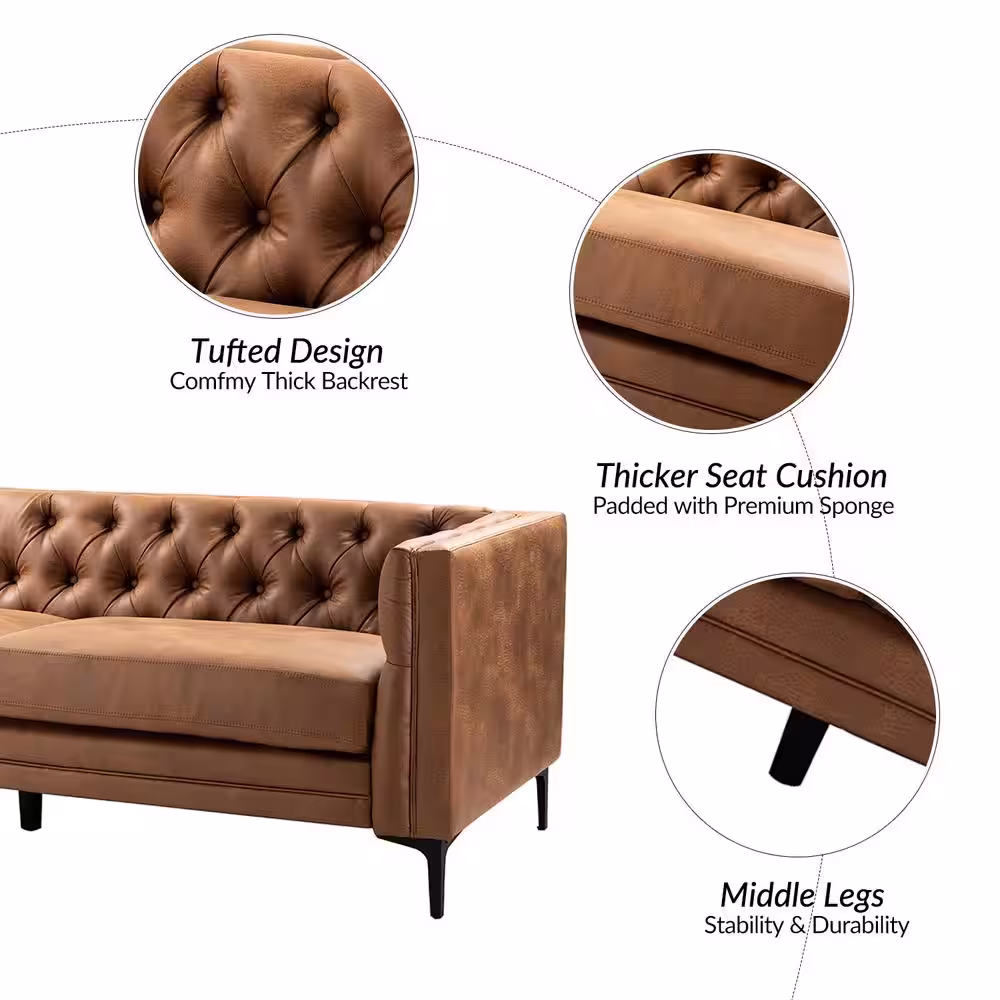 JAYDEN CREATION Eridu Comtemperary 84 in. Square Arm Faux Leather Button-Tufted design Tuxedo Rectangle Sofa in Camel