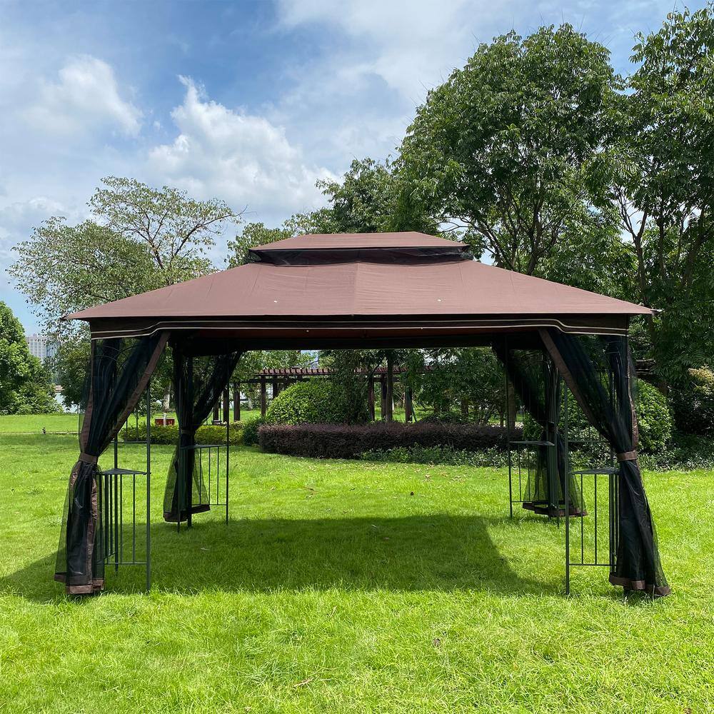 None Patio 13 ft. x 10 ft. Brown Garden Canopy Gazebo with Ventilated Double Roof And Mosquito net
