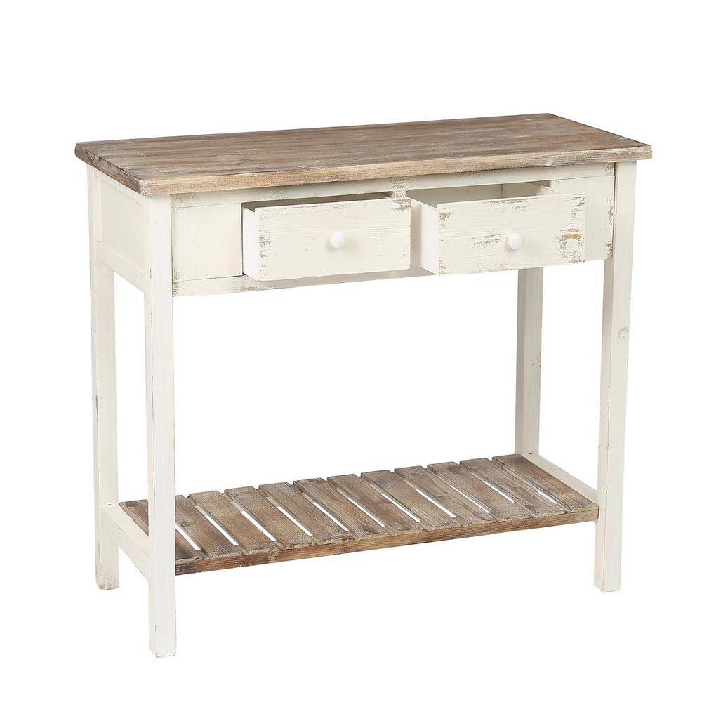 LuxenHome 36 in. Distressed White 2-Drawer Rectangle Wood Entryway and Console Table