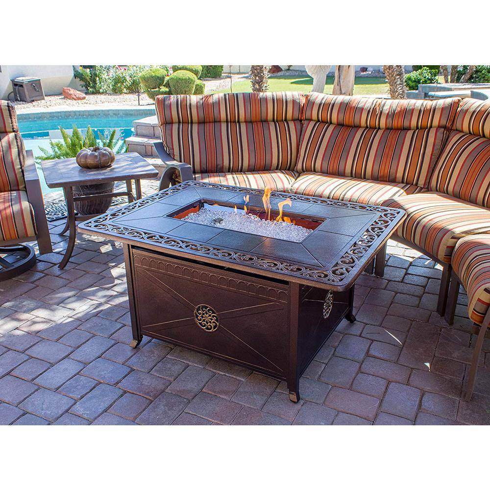 Hiland 35 in. x 24 in. Rectangle Cast Aluminum Propane Fire Pit in Hammered Bronze with Scroll Design