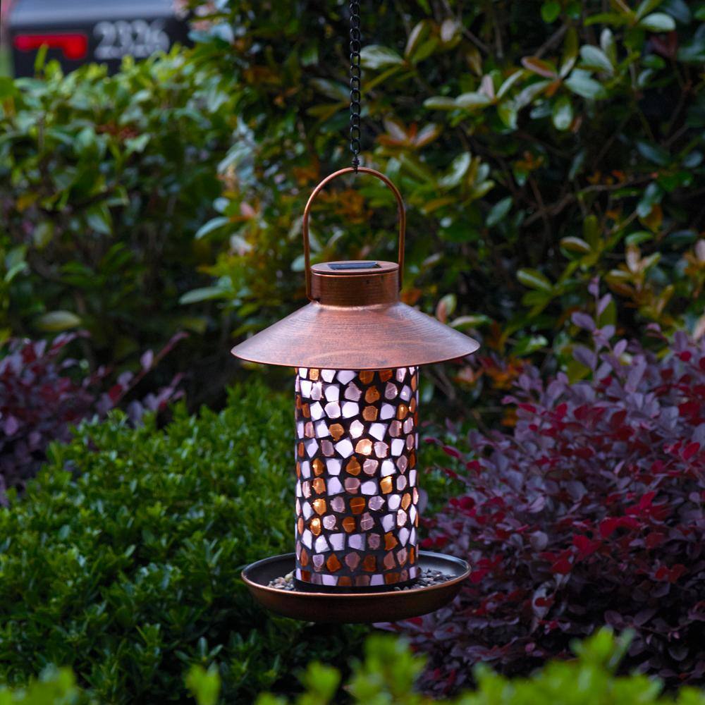 Smart Solar Adelie Mosaic Glass and Distressed Copper Bird Feeder with Integrated LED Solar Powered Light