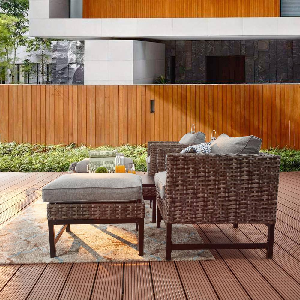 Patio Festival Right-Angle 5-Piece Wicker Patio Conversation Seating Set with Gray Cushions