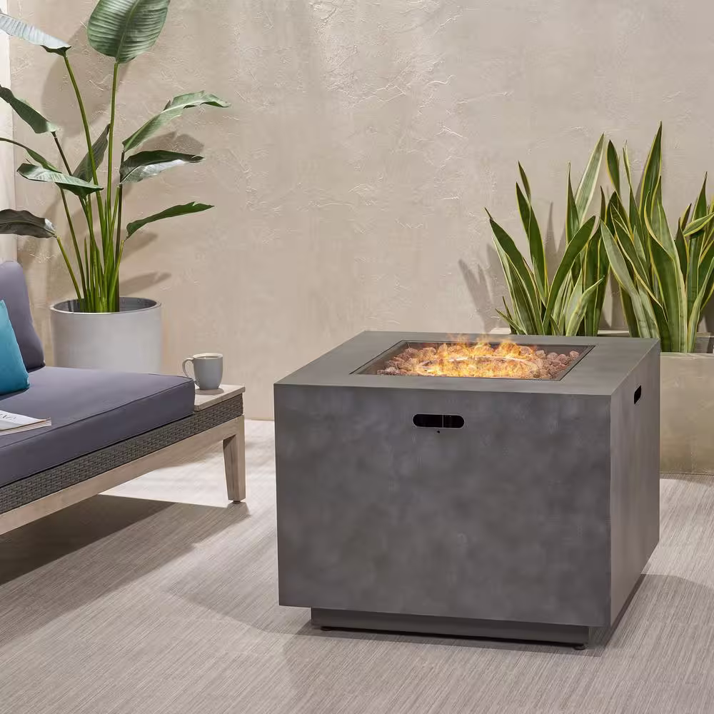 Noble House Wellington 33 in. x 24 in. Square Concrete Propane Fire Pit in Dark Grey