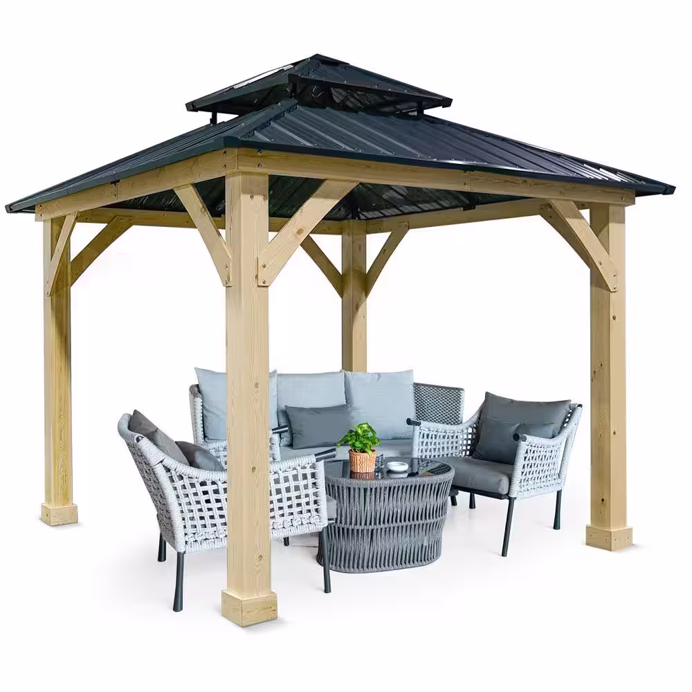 Costway 10 ft. x 10 ft. Gray Outdoor Patio Hardtop Gazebo Double Steel Roof Solid Wood Frame