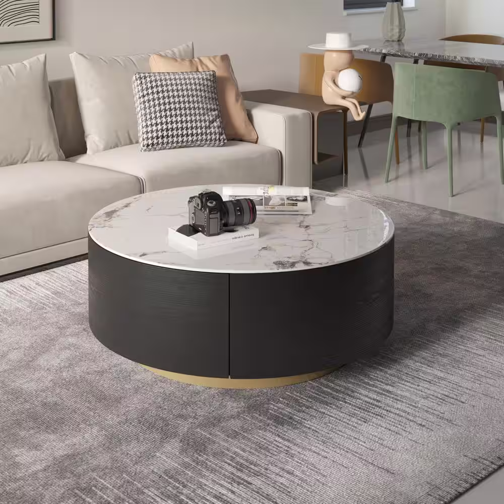 Magic Home 33.47 in. Black Drum Modern Sintered Stone Top Coffee Table with 2 Drawers