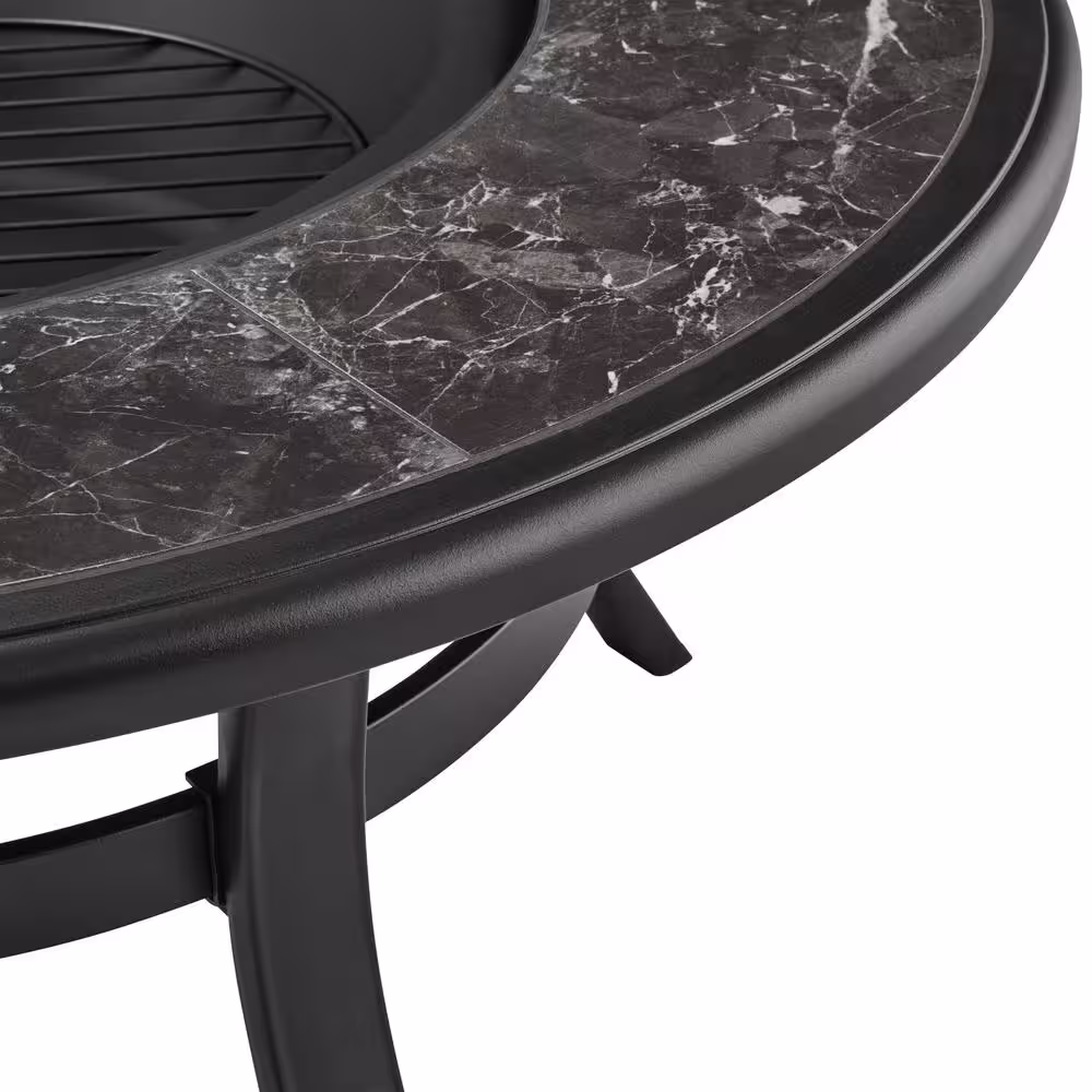 Hampton Bay Whitfield 38 in. Round Steel Black Marble Look Tile Top Wood Burning Fire Pit