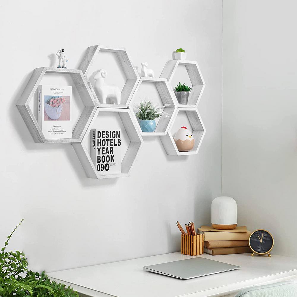 None Hexagon Floating Shelves Honeycomb Shelves for Wall, Gray White Set of 6