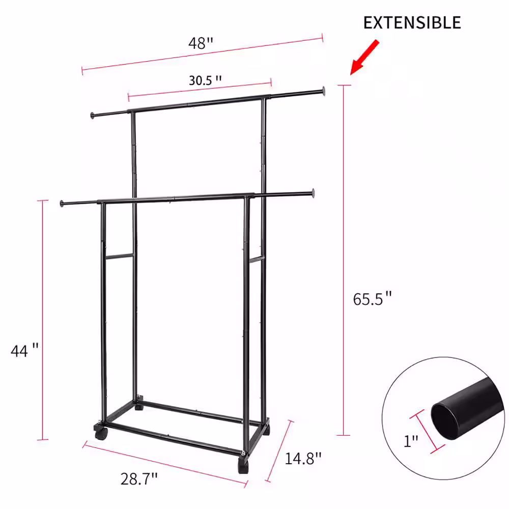None Black Metal Garment Clothes Rack Double Rod 48 in. W x 65 in. H