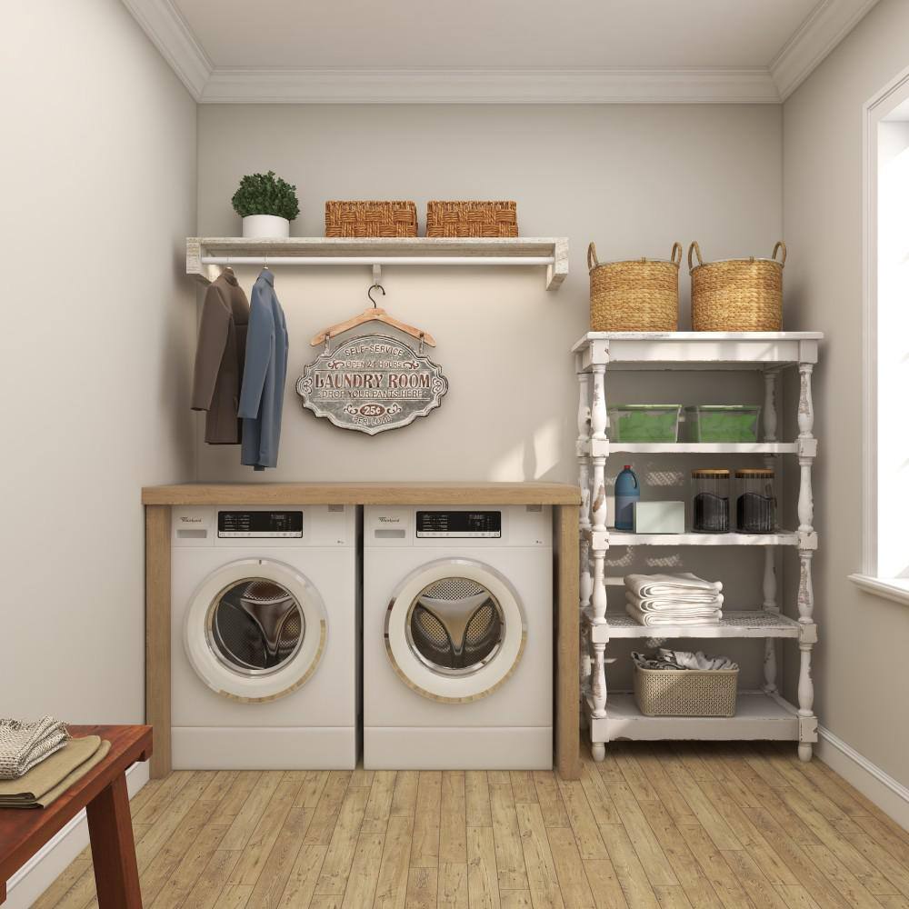 Litton Lane 5 Shelf Wood Stationary White Distressed Open Shelving Unit with Spindle Sides and Mesh