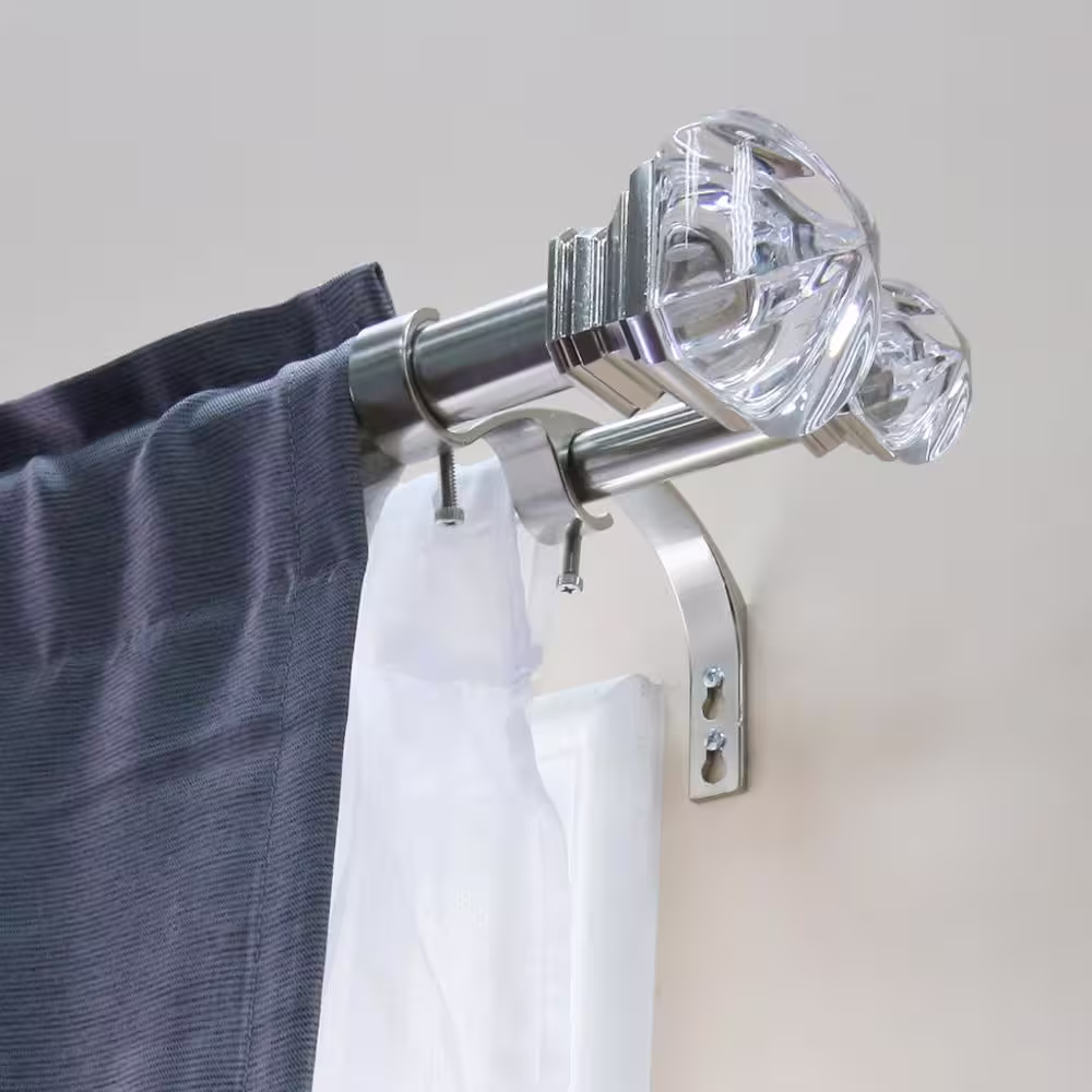 None 36 in. - 72 in. Telescoping 1 in. Double Curtin Rod Kit in Brushed Nickel with Crystal Square Finials