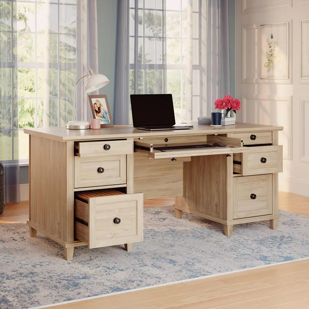 SAUDER Hammond 67.559 in. Chalk Oak Engineered Wood 6-Drawer Executive Desk with Flip-Down Keyboard Shelf